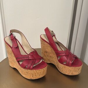 Michae‎ Kors Red Leather Wedge Cork Sandal